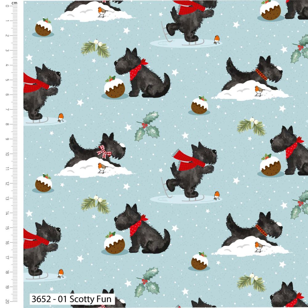 Frosty Paws Christmas Fabric 112cm Wide 3652-01 FQ, 1/2m 1m Scotty Fun