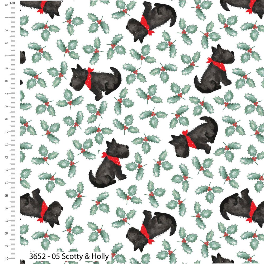 Frosty Paws Christmas Fabric 112cm Wide 3652-05 FQ, 1/2m 1m Scotty and Holly