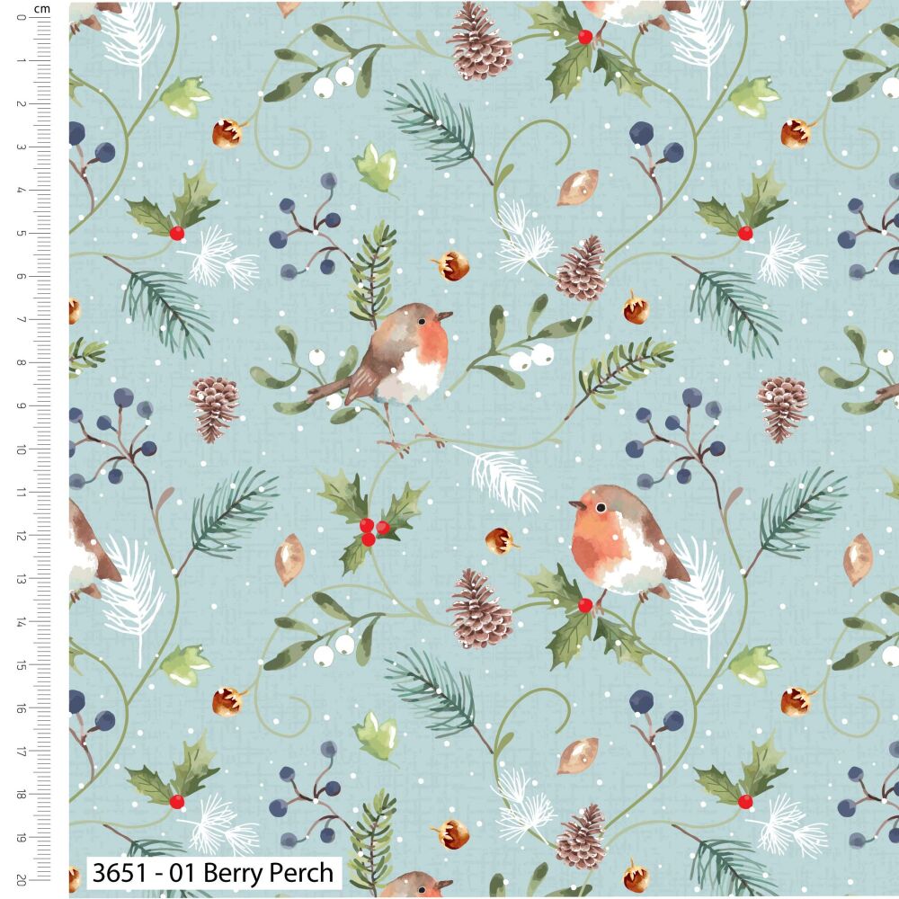 Feathered Foliage Christmas Fabric 112cm Wide 3651-01 FQ, 1/2m 1m Berry Perch