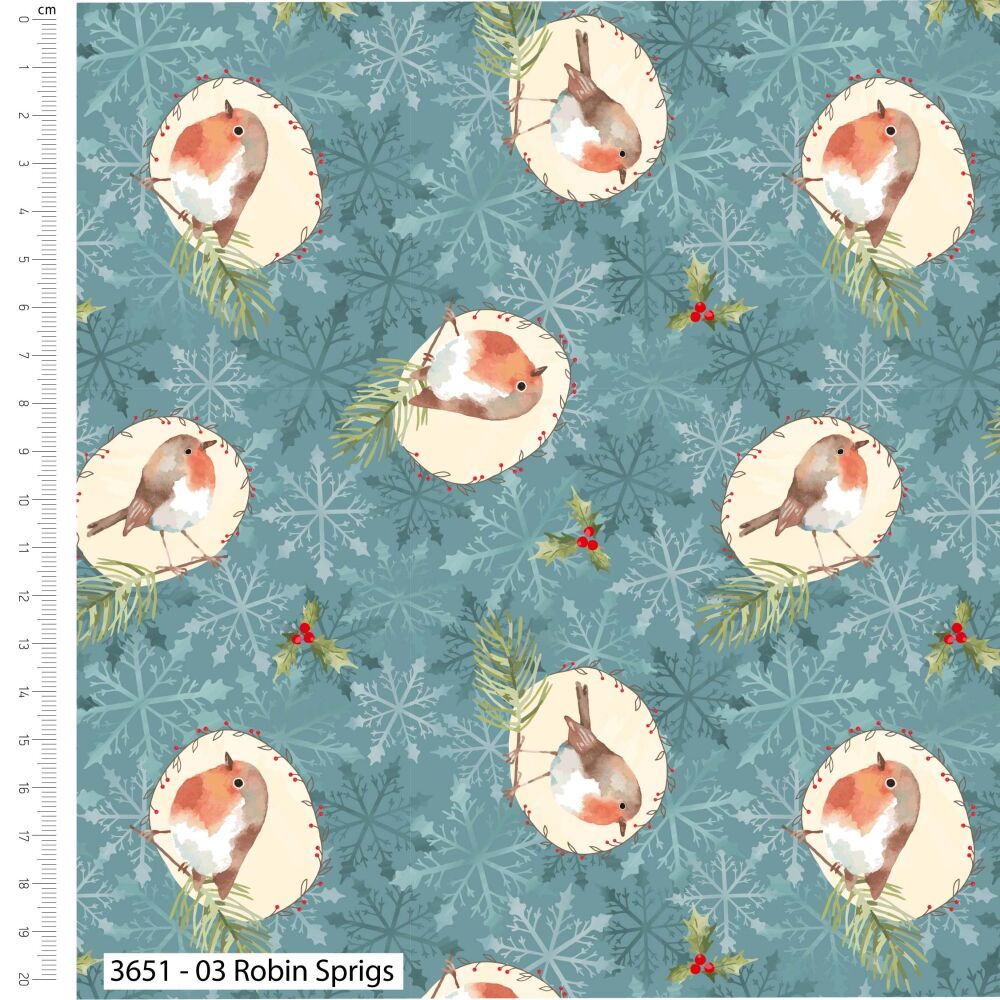 Feathered Foliage Christmas Fabric 112cm Wide 3651-03 FQ, 1/2m 1m Robin Sprigs