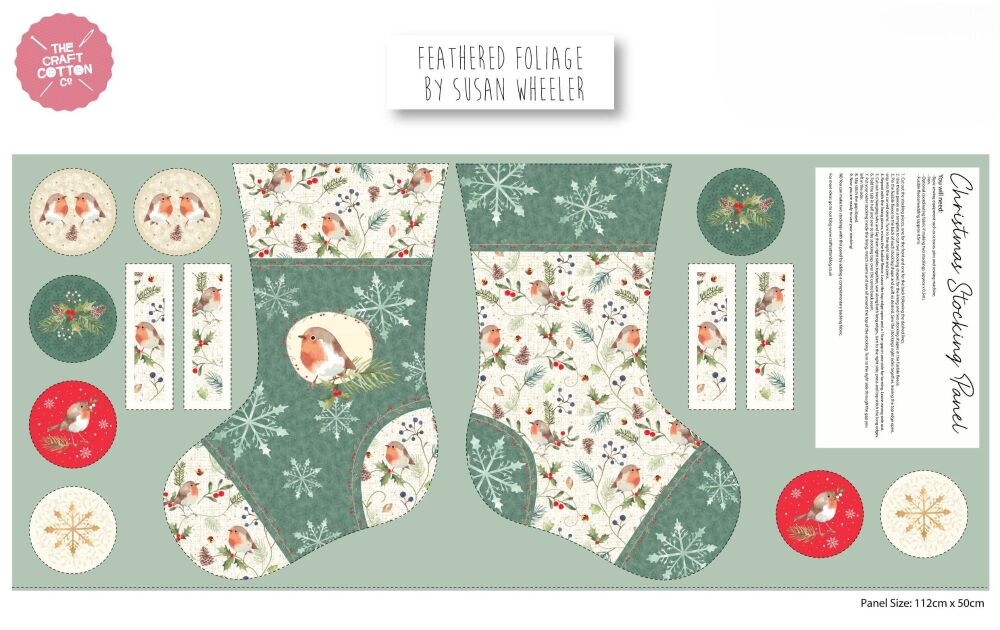 Feathered Foliage Christmas Stocking Panel by Craft Cotton 60cm x 110cm