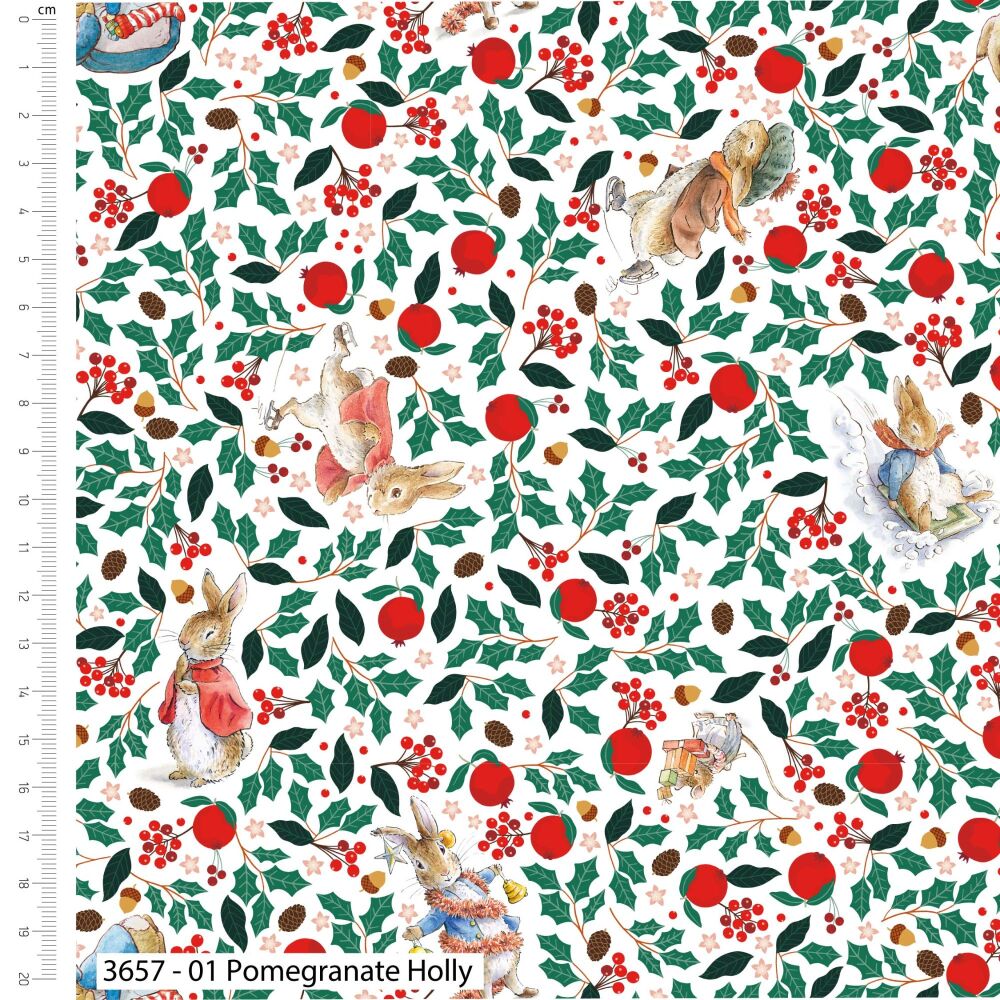 Peter Rabbit Christmas Fabric 112cm Wide FQ, 1/2m, 1m 3657-01 Pomegranate Holly