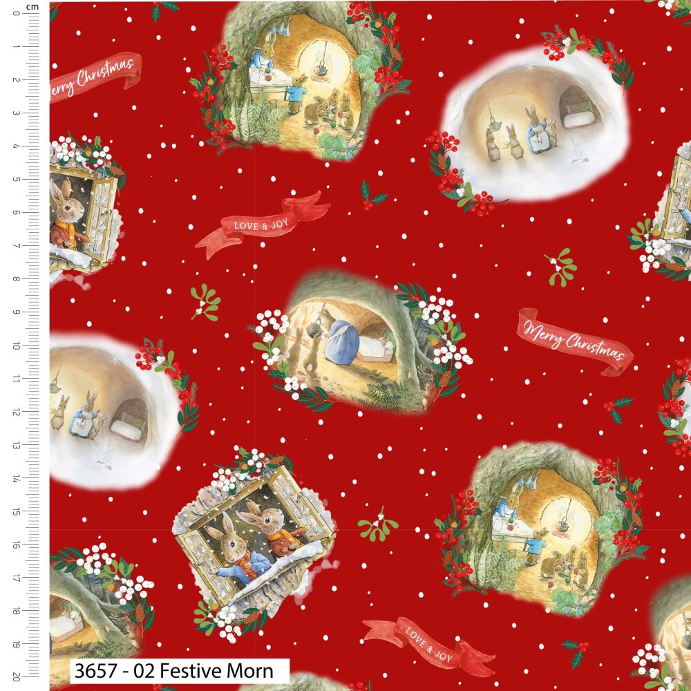Peter Rabbit Christmas Fabric 112cm Wide FQ, 1/2m, 1m 3657-02 Festive Morn