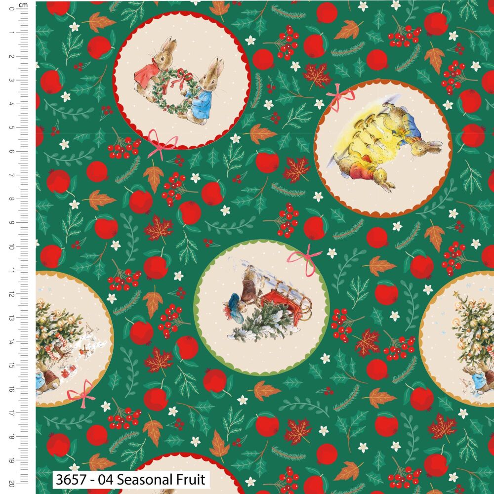 Peter Rabbit Christmas Fabric 112cm Wide FQ, 1/2m, 1m 3657-04 Seasonal Fruit