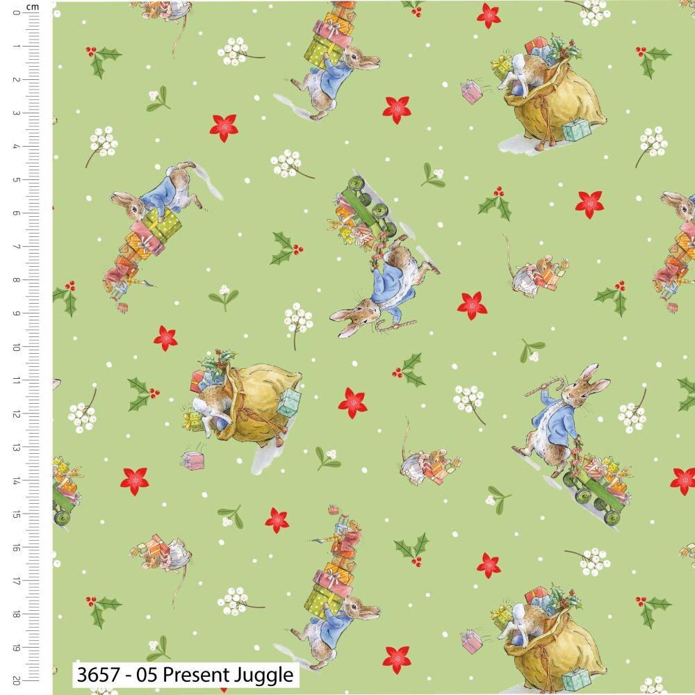Peter Rabbit Christmas Fabric 112cm Wide FQ, 1/2m, 1m 3657-05 Present Juggle