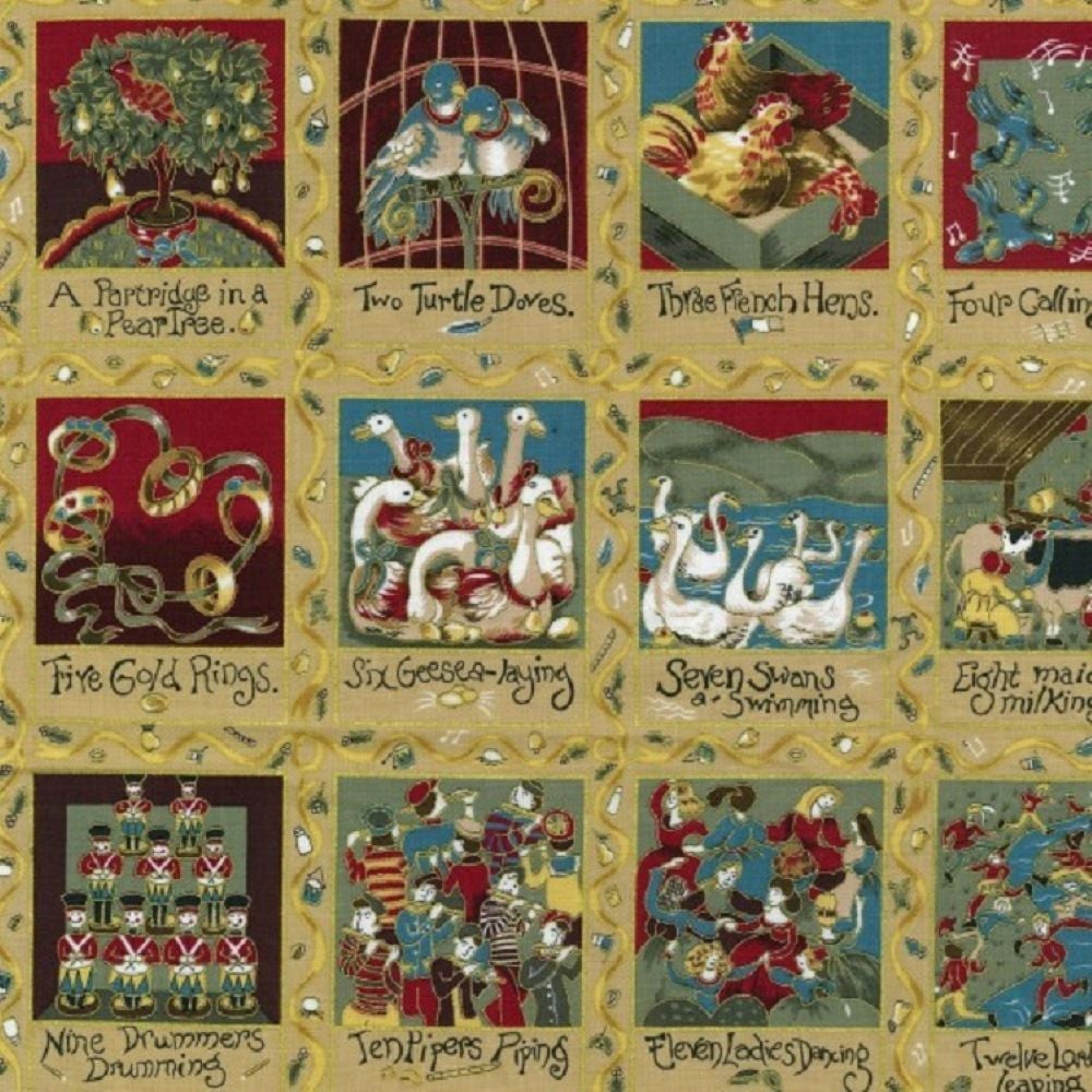 12 Days of Christmas Squares Block Panel 87800-101 by Nutex 30cm x 110cm Gold