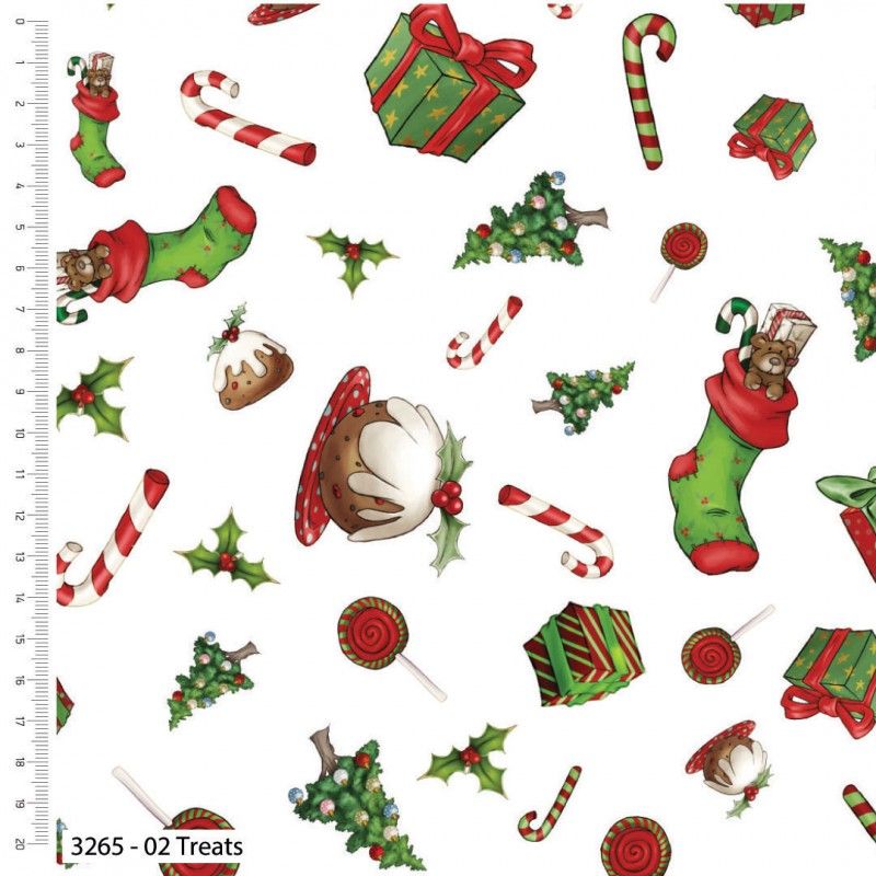 Driving Gnome for Christmas Fabric Treats 112cm Wide FQ, 1/2m, 1m 3265-02 White