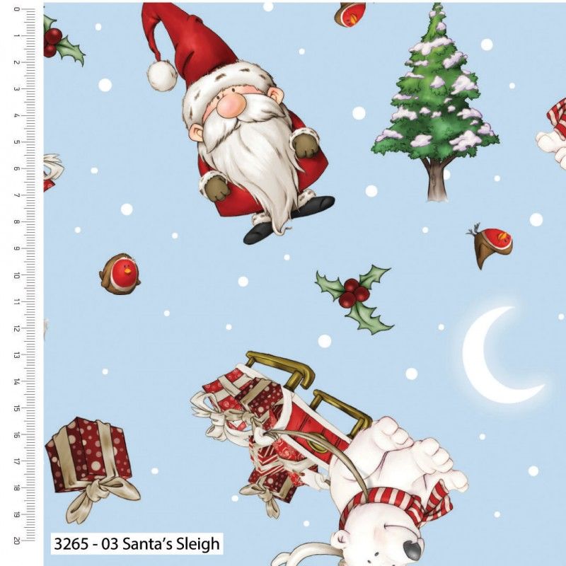 Driving Gnome for Christmas Fabric Sleigh 112cm Wide FQ, 1/2m, 1m 3265-03 Blue