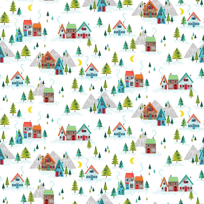 Santa Express Christmas Fabric Scenic Houses 112cm Wide 2379W Sold as FQ, 1/2m, 1m White