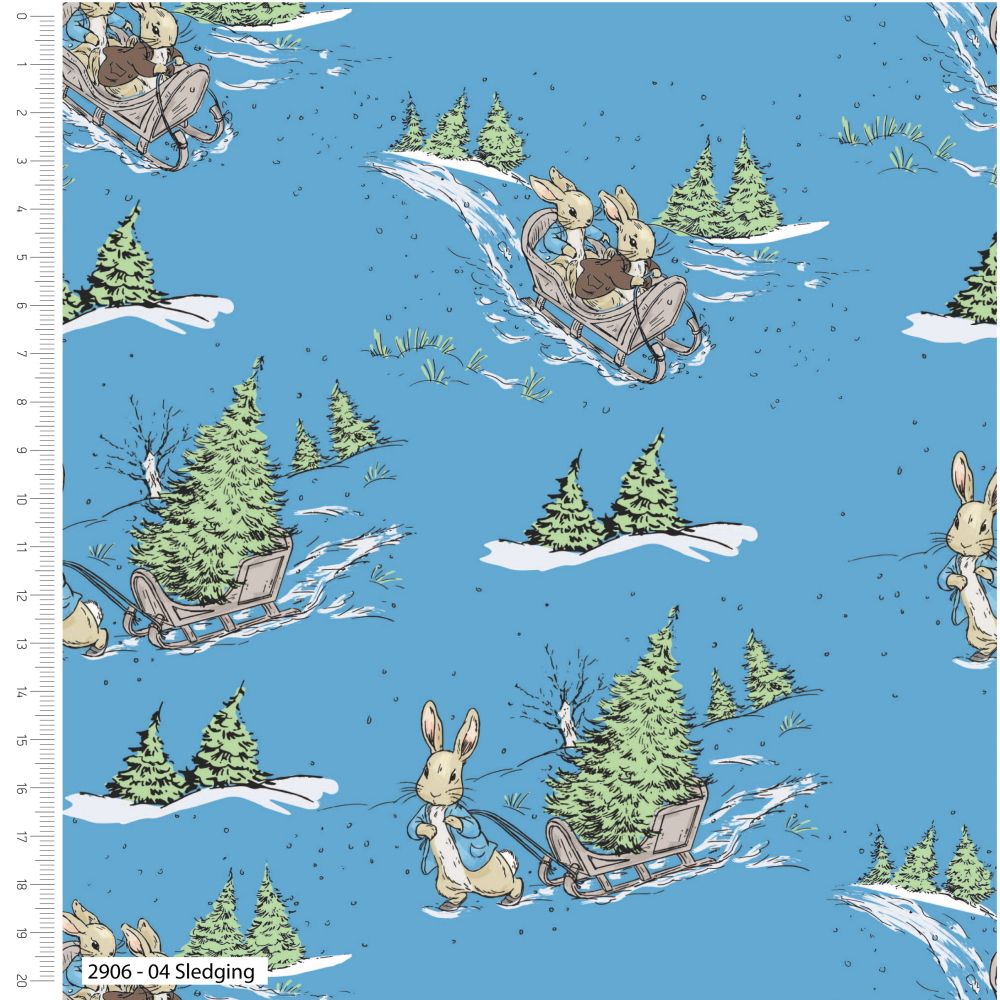 Peter Rabbit Christmas Fabric Sledging  FQ, 1/2m 1m 2906-04 Blue