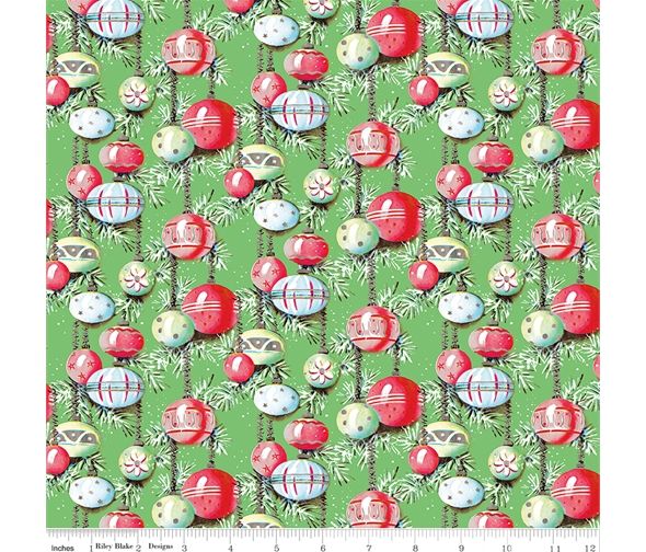 Baubles Christmas Fabric Riley Blake 112cm Wide FQ, 1/2m, 1m RBC12251 - Green