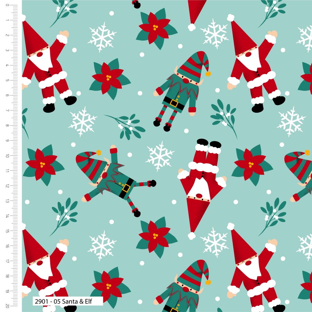 Santa Elf Gnomes Christmas Fabric 112cm Wide 2901-05 FQ, 1/2m 1m Mint Green