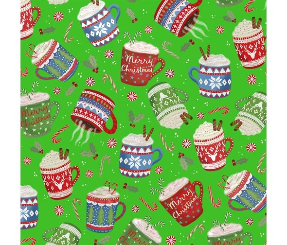 Miniature Mugs Christmas Fabric 112cm Wide PB4724G Sold as FQ, 1/2m, 1m Green