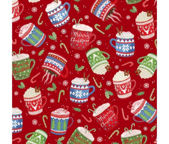 Miniature Mugs Christmas Fabric 112cm Wide PB4724R Sold as FQ, 1/2m, 1m Red