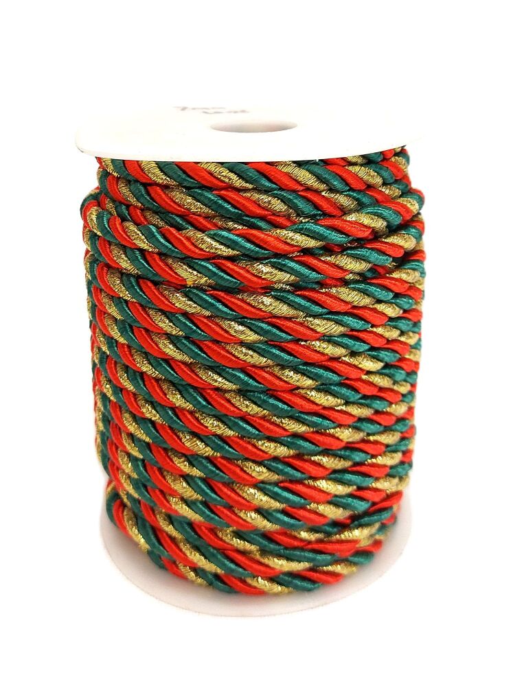 Christmas Metallic Cord 5mm Diameter Sold per Metre Red, Green and Gold