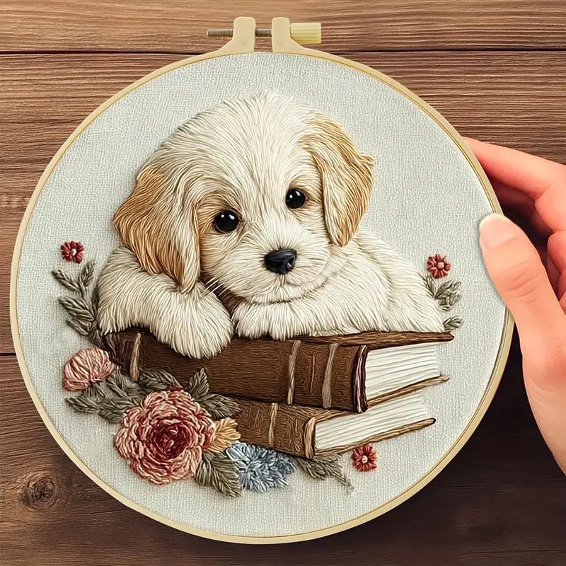 Embroidery Kit - Dog with Books 20cm inc Hoop