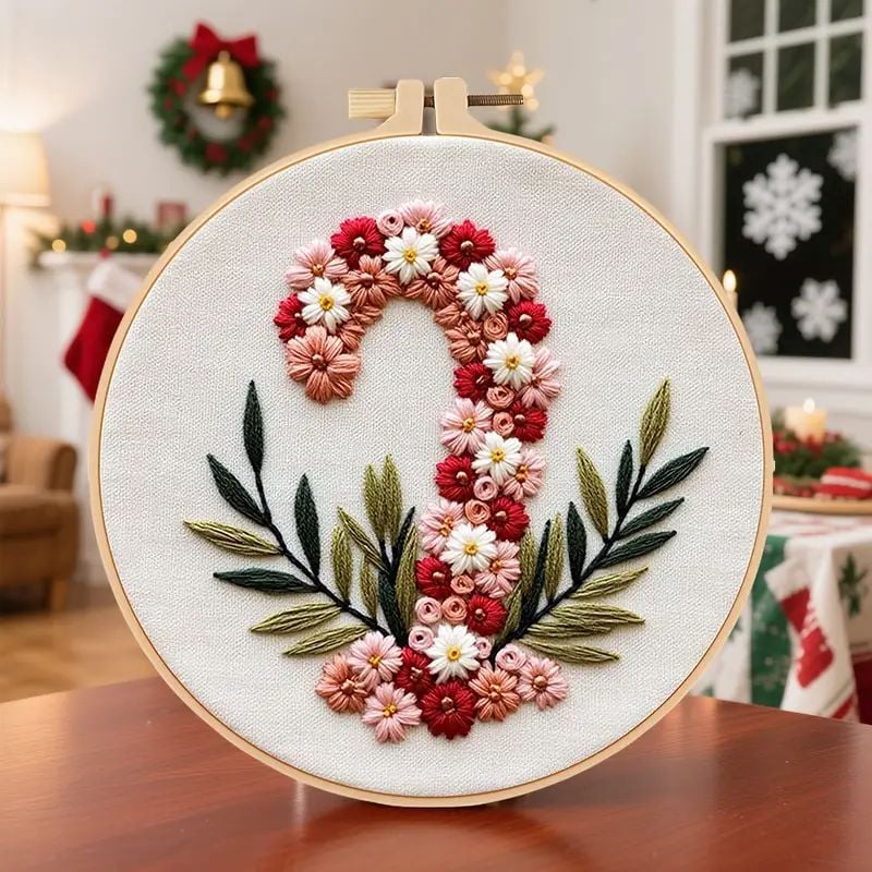Embroidery Kit - Candy Cane with Flowers 20cm inc Hoop