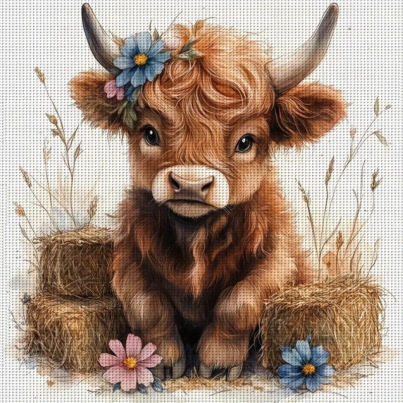 Highland Cow with Straw Bales Cross Stitch Kit 14CT Printed Design