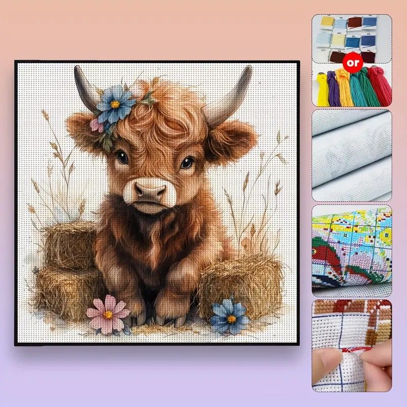 Highland Cow with Straw Bales Cross Stitch Kit 14CT Printed Design