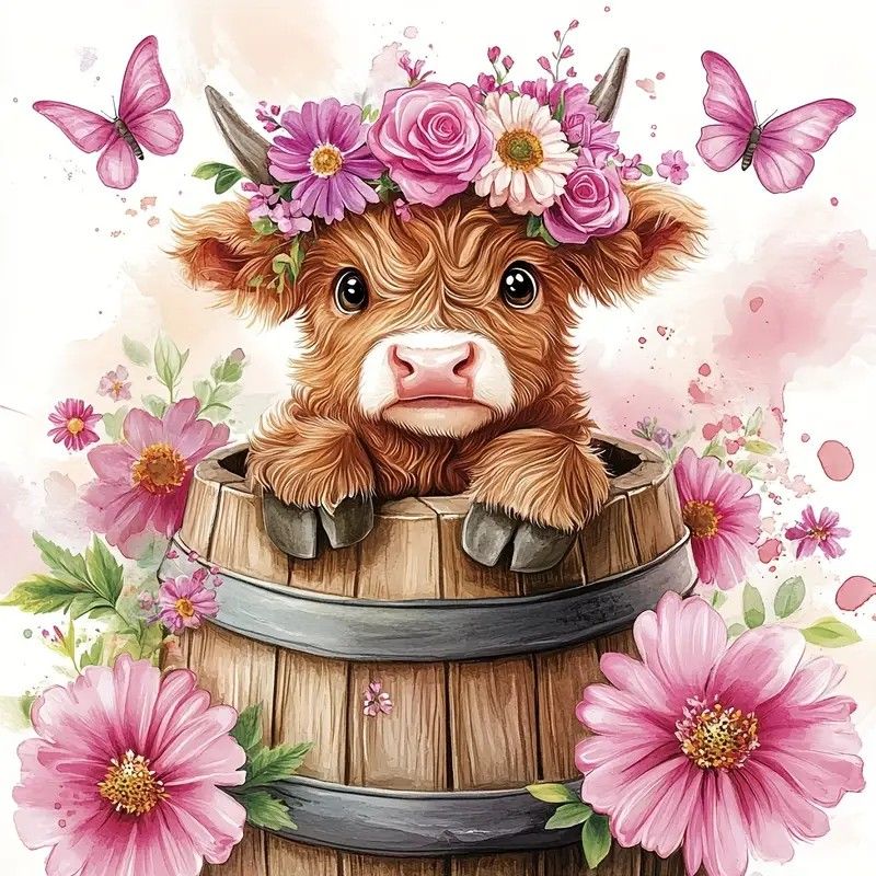 Highland Cow with Bucket Cross Stitch Kit 11CT Printed Design