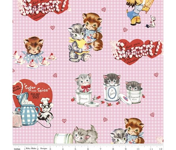 Valentine Fabric Sugar and Spice Kittens 112cm Wide by Riley Blake Sold as FQ, 1/2m Pink