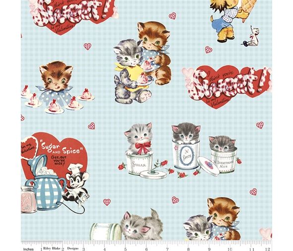 Valentine Fabric Sugar and Spice Kittens 112cm Wide by Riley Blake Sold as FQ, 1/2m Blue