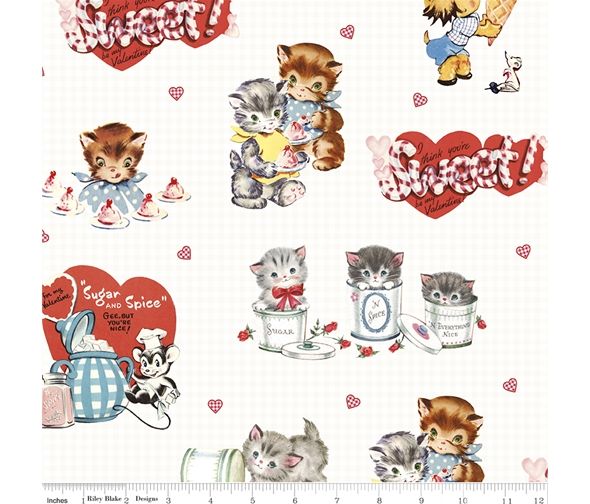 Valentine Fabric Sugar and Spice Kittens 112cm Wide by Riley Blake Sold as FQ, 1/2m Cream