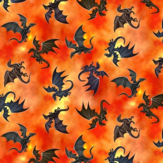 Fire and Fury Dragons Fabric 112cm Wide FQ, 1/2m, 1m 81720-102 Sunset Orange