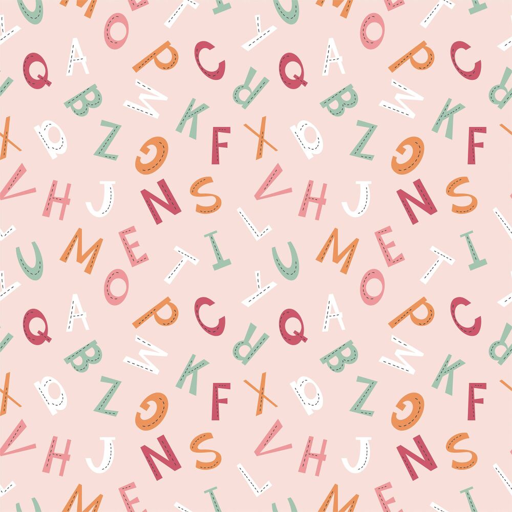 Animal Alphabet Letters Fabric Pink #4465P P&B Textiles 112cm wide approx. Sold as FQ, 1/2m, 1m
