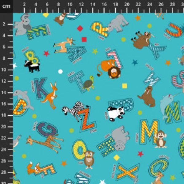 Animal Alphabet A to Zoo Stof Fabric Teal 2653-75 112cm wide approx. Sold as FQ, 1/2m, 1m