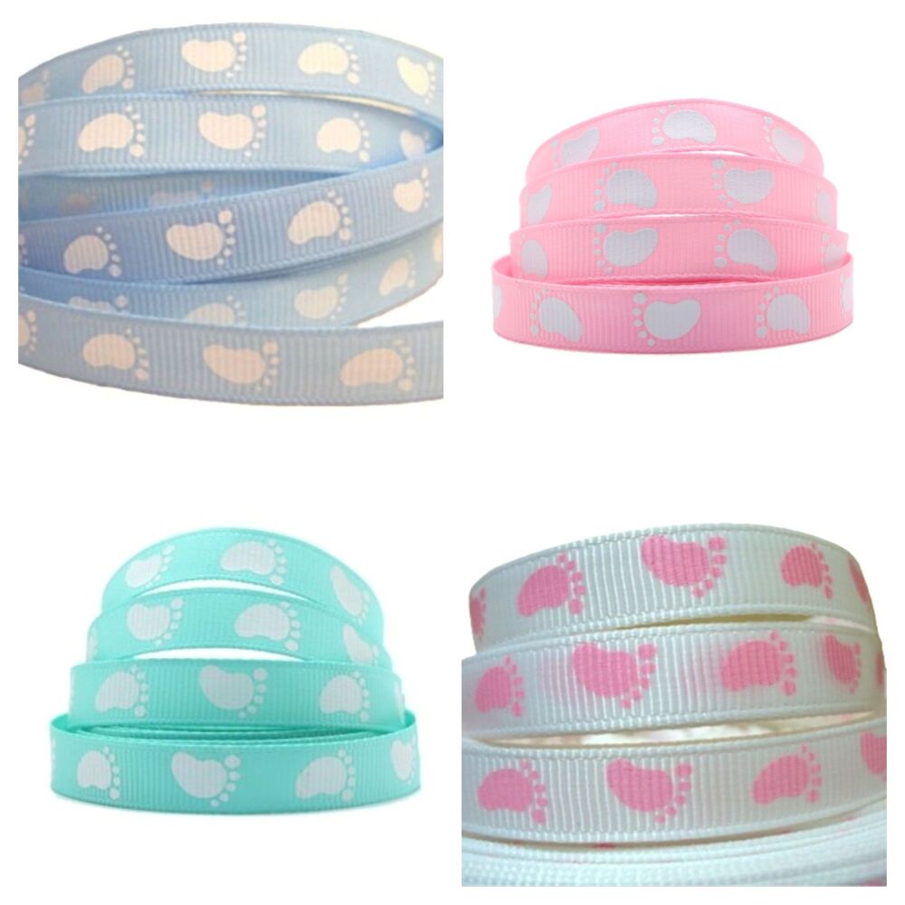 Baby Footprint Grosgrain Ribbon 10mm Wide - Sold per Metre 5 Colours