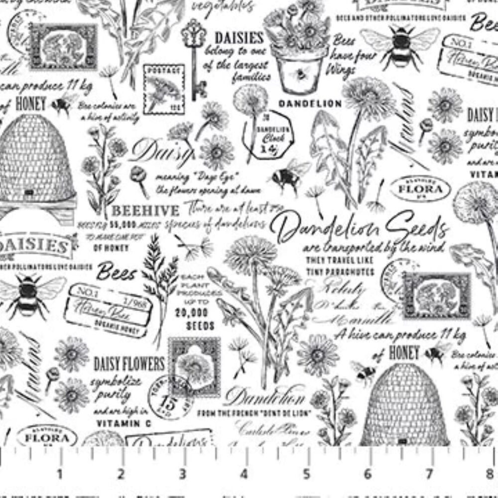Beecroft Beehive Fabric 112cm Wide by Stof 501-025 Sold as FQ, 1/2m, 1m Text Script White