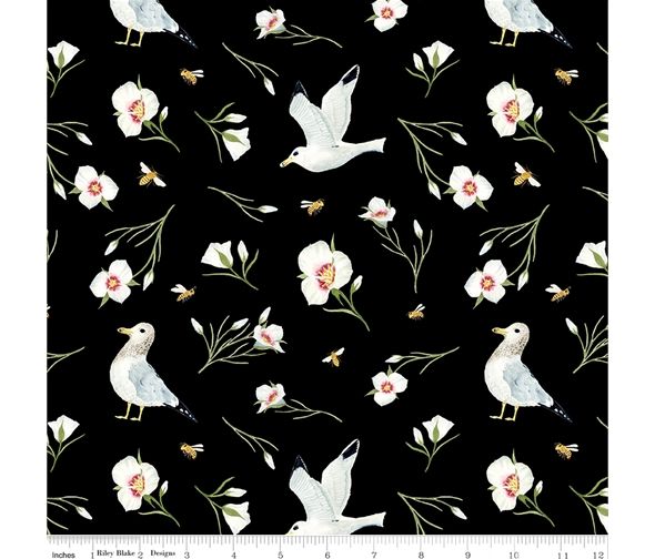 Birds Fabric 112cm Wide by Riley Blake 12530 Sold as FQ, 1/2m, 1m Black