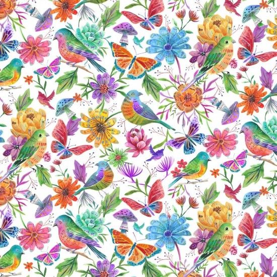 Birds and Butterflies Luminous Fabric 112cm Wide 81860-101 by Nutex Sold as FQ, 1/2m, 1m