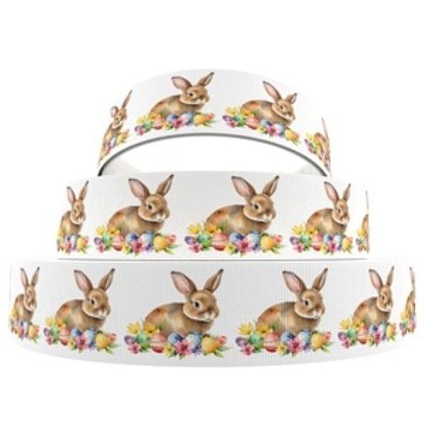 Easter Bunny Printed Grosgrain Ribbon 16/22mm Wide Sold per metre White