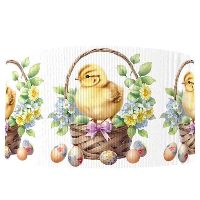 Easter Chick with Basket Printed Grosgrain Ribbon 16/22mm Wide Sold per metre White