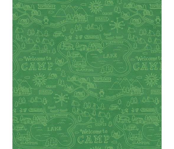 Wanderlust Camping Background Fabric Green 4619G  P&B Textiles 112cm wide Sold as FQ, 1/2m, 1m