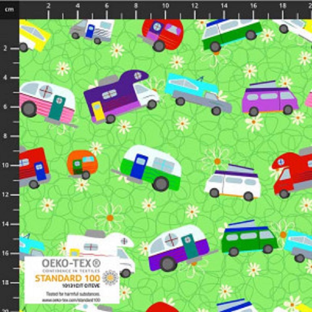 Camper Love Fabric Camper Vans Caravans Green Stof Fabrics 4502-202 112cm wide Sold as FQ, 1/2m, 1m