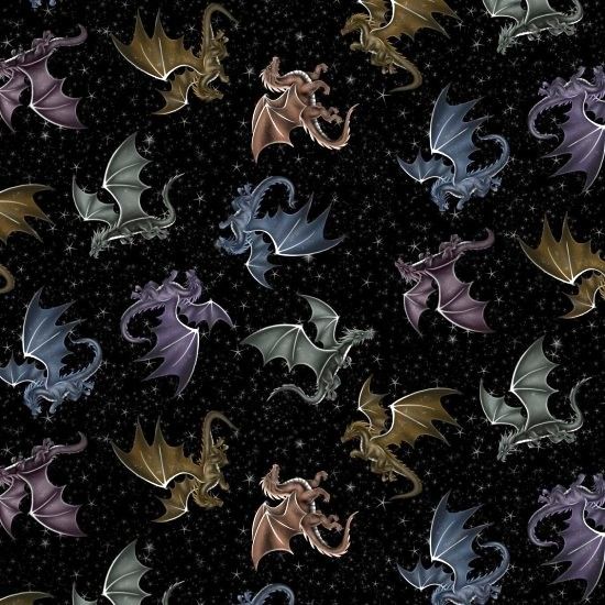 Fire and Fury Dragons Fabric 112cm Wide FQ, 1/2m, 1m 81720-104 Black