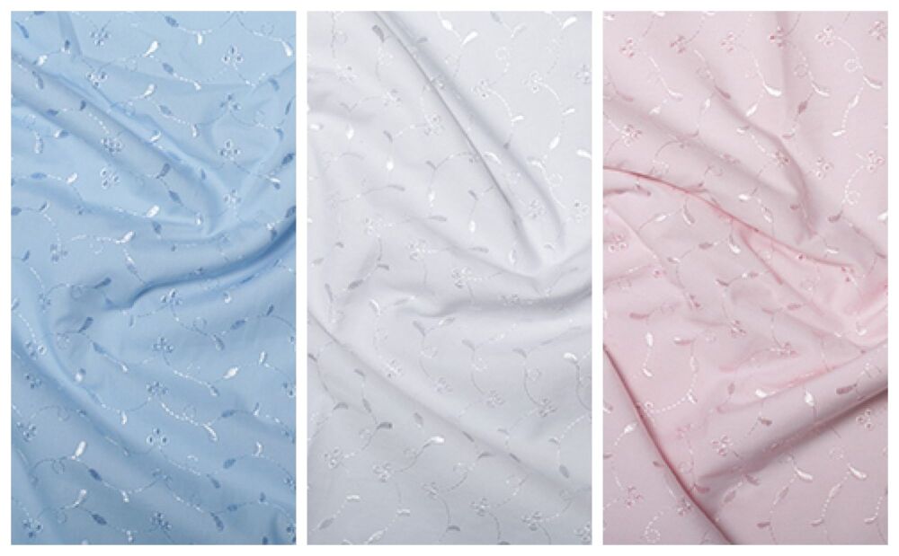 Broderie Anglaise Polycotton Fabric 3 Hole Design 112cm Wide White, Blue or Pink Sold per Metre