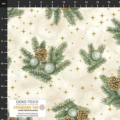 Christmas Time Fabric 112cm Wide by Stof Sold as FQ, 1/2m, 1m Pine Cones 4593-011 Cream & Gold