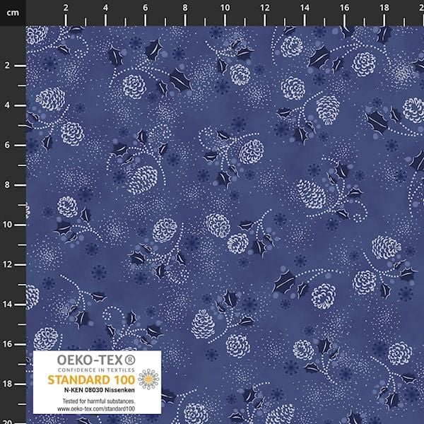 Snow Crystal Fabric 112cm Wide by Stof Sold as FQ, 1/2m, 1m Blue Silver Fir Cones 4593-604