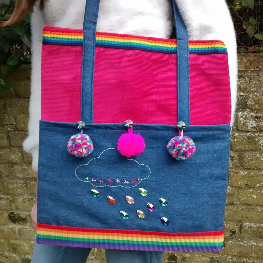 Rainbows and Pom Poms Handmade Shoulder Bag Raspberrycatdesigns.co.uk