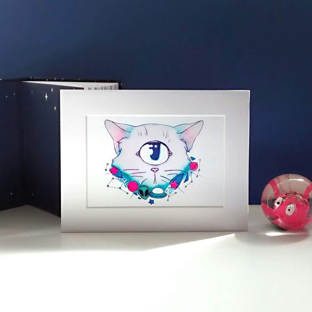 Alien Cat Galaxy Theme Art Print Raspberrycatdesigns.co.uk