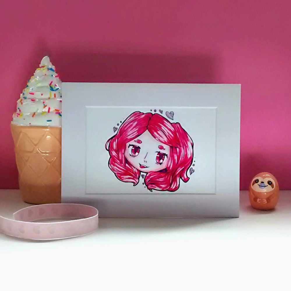 Pink Hair Fun Loving Character Art Print Raspberrycatdesigns.co.uk