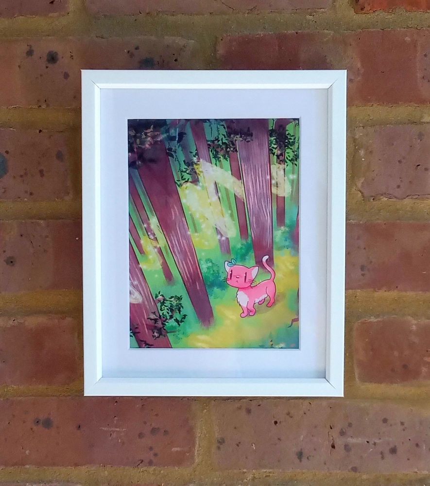 Cat in the Forest Woodlands Art Print Raspberrycatdesigns.co.uk