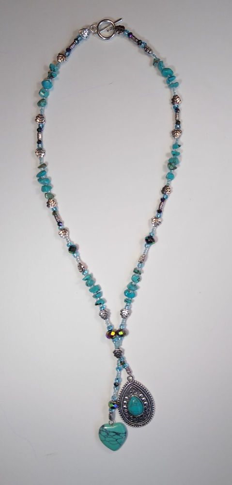 TURQUOISE HEART AND TEAR DROP CHARM NECKLACE