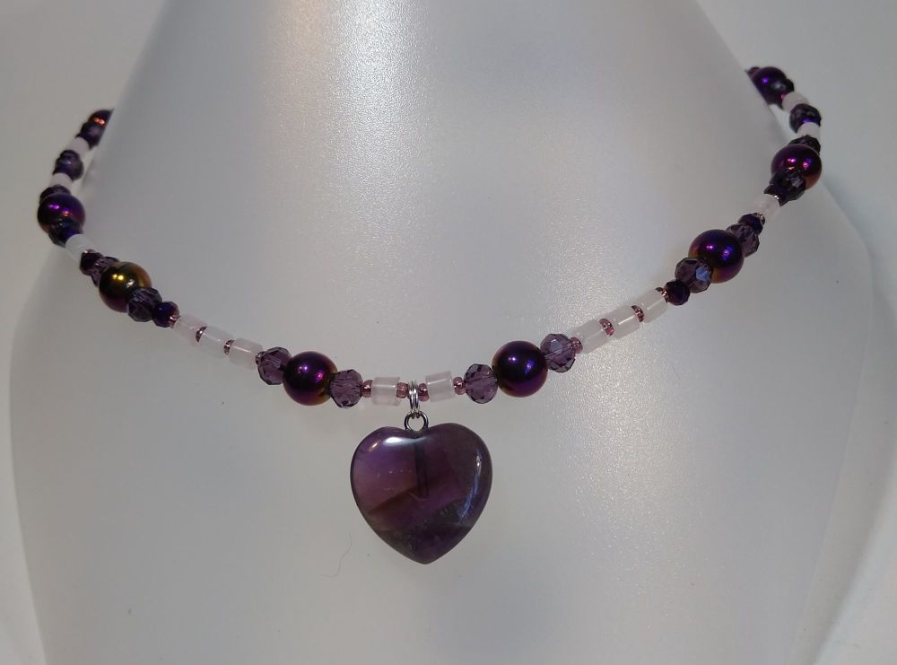Necklace. For Love. Amethyst Heart and Rose Quartz beads.
