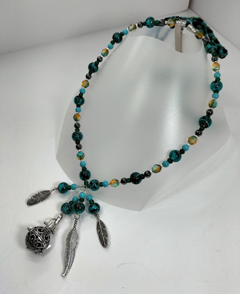 Perfume Locket and Feathers Necklace. Turquoise and Hematite.