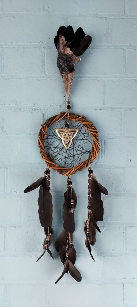 Crow Dream Catcher. Snowflake Obsidian. Extra Large Size.